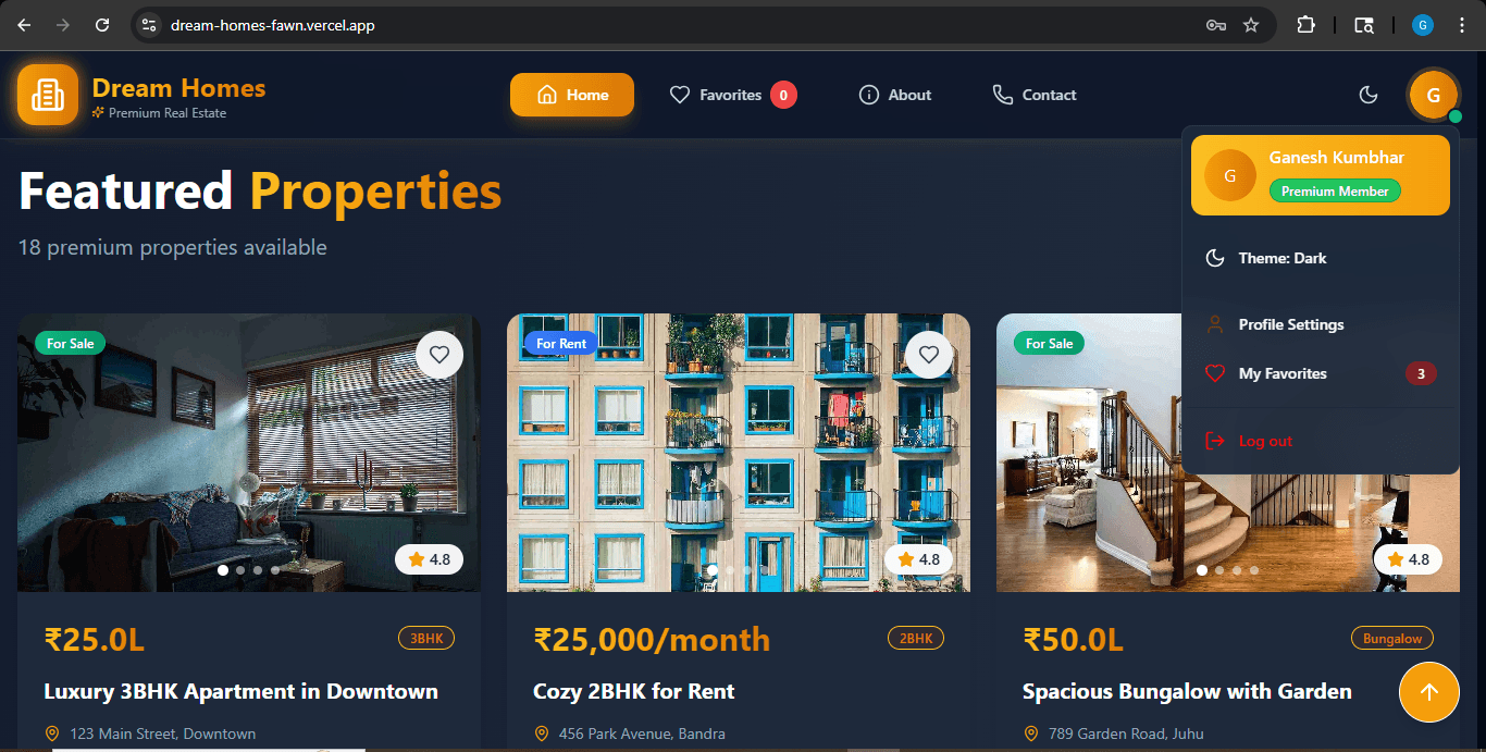 Dream Homes — Real estate platform screenshot